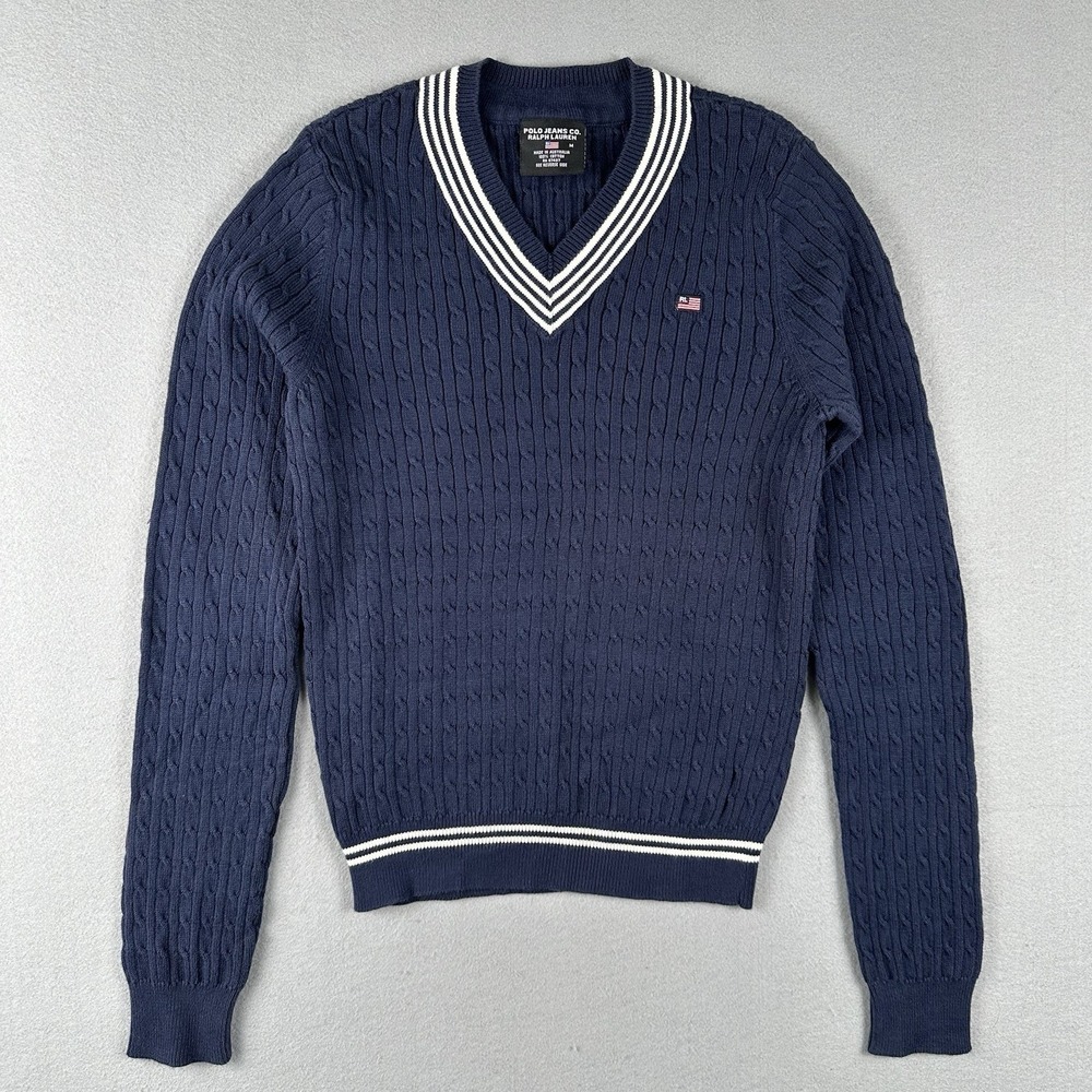 Vtg Polo Jeans Ralph Lauren Sweater Women's M Blue Cable Knit Cricket V Neck
